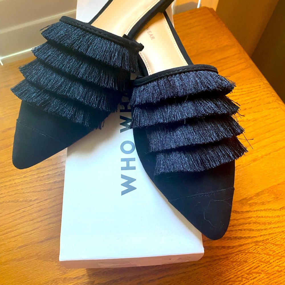 WhoWhatWear Black Fringe SlidesNIB sz 11